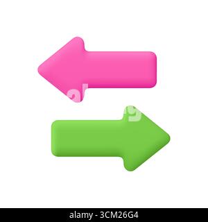 Frecce verdi e rosa che puntano a sinistra e a destra. Informazioni su direzione, scambio o trasferimento, comunicazione, navigazione e flusso di dati. icona vettoriale 3d. Auto Illustrazione Vettoriale