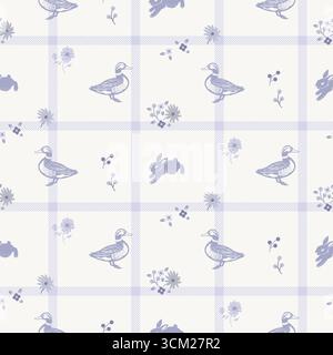 Motivo a quadri a finestra con fiori, anatre e conigli senza cuciture. Caccia scozzese background a scacchi. Colori pastello viola e crema Fashion Textile Illustrazione Vettoriale