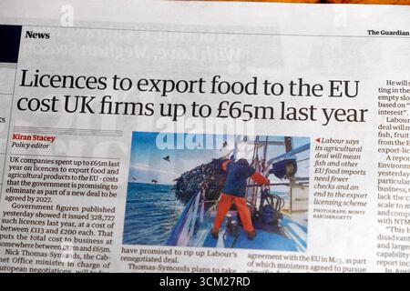 "Le licenze per l'esportazione di prodotti alimentari nell'Unione europea sono costate alle aziende britanniche fino a 65 milioni di sterline l'anno scorso", titolo del quotidiano Guardian Foto Stock