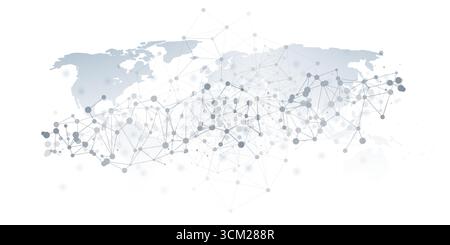 Una mappa del mondo in bianco e nero stilizzata con una griglia di strutture poligonali di connessioni di rete, nodi collegati da linee, che simboleggiano la comunicazione globale Illustrazione Vettoriale