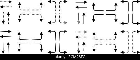 Set di frecce nere tratteggiate e linee, vari segnali di navigazione monocromatici vettoriali. Simboli lineari di direzione su, giù, destra e sinistra. Avanti, ba Illustrazione Vettoriale