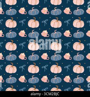 Motivo autunnale senza cuciture con zucche rosa e blu disegnate a mano e fiocchi su sfondo blu scuro. Carino e accogliente sfondo autunnale. Zucche decorative. Colori pastello. Illustrazione vettoriale. Schema di Halloween. Illustrazione vettoriale. Illustrazione Vettoriale