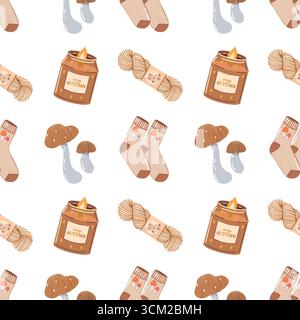 Calda e accogliente atmosfera autunnale senza cuciture. Calze a maglia, candele aromatiche, funghi, filati. Sfondo colorato con elementi e attributi autunnali. Modello autunnale. Graziosa stampa autunnale per tessuti, packaging, carta da parati, design, grafica vettoriale. Illustrazione vettoriale su sfondo bianco. Illustrazione Vettoriale
