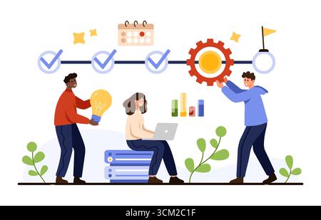 Team aziendale che collabora per raggiungere le tappe fondamentali del progetto, completare le attività e raggiungere gli obiettivi con pianificazione, innovazione e produttività isolate su un'illustrazione vettoriale su sfondo bianco Illustrazione Vettoriale