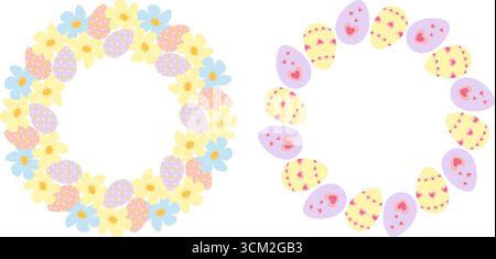 Uova di Pasqua colorate con decorazioni a cuori e pois cornici tonde modello Copyspace per le festività pasquali. Illustrazione del vettore isolato messaggio di saluto natalizio di Pasqua banner di invito a tema della festa di auguri, opuscolo, tag Illustrazione Vettoriale