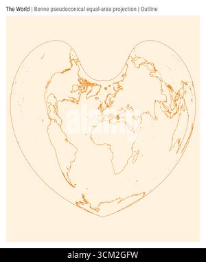 Mappa del mondo. Proiezione pseudoconica a pari area di Bonne. Stile contorno. Mappa mondiale dettagliata per infografiche, istruzione, report e presentazioni. Illustrazione Vettoriale