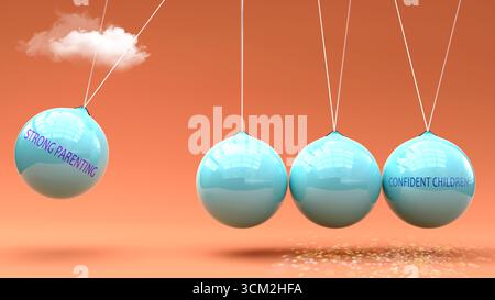 Un parente forte produce figli sicuri di sé. Una metafora della culla di Newton in cui strong Parenting dà slancio ai bambini sicuri di sé. Causa ed effec Foto Stock