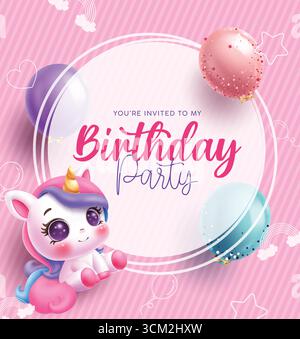 Modello clipart scheda invito compleanno. Simpatico unicorno con eleganti elementi galleggianti e clip art di testo in cerchio Illustrazione Vettoriale