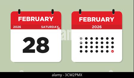 Febbraio 28 2026 illustrazione vettoriale della pagina del calendario del sabato. Pagina del calendario di febbraio 28. La settimana inizia domenica. Modello pianificatore mensile Flat Design Illustrazione Vettoriale