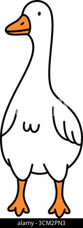 Oca frontale con piedi arancioni e becco. Illustrazione in stile cartone animato Illustrazione Vettoriale