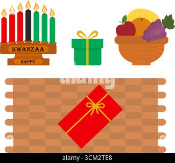 Omaggio su tappeto intrecciato candeliere con candele e ciotola con set di elementi di design per feste Kwanzaa. Illustrazione vettore isolato icona adesivo pittogramma biglietti d'auguri a tema natalizio Kwanzaa, opuscoli Illustrazione Vettoriale