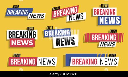 Set di etichette di notizie di attualità DAL design piatto con tag DAL VIVO, tipografia audace e colori contrastanti su sfondo giallo. Adatto per gli avvisi di notizie, vide Illustrazione Vettoriale