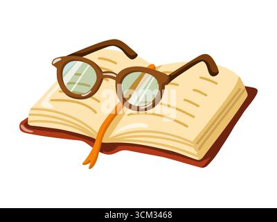 Aprire il libro con gli occhiali. Illustrazione isolata Cartoon Vector su sfondo bianco Illustrazione Vettoriale