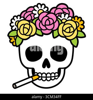 Dia de las Ñatitas (giorno boliviano dei morti) teschio decorato con fiori e sigarette. Illustrazione della clipart vettoriale isolata, stile fumetto dei cartoni animati. Illustrazione Vettoriale