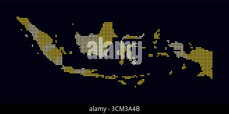 Mappa punteggiata dell'Indonesia. Mappa digitale del paese su sfondo scuro. Forma indonesiana con punti circolari. Stile puntini colorati. Cerchi di piccole dimensioni. Illustrazione Vettoriale