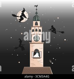 Vecchia torre del municipio e streghe volanti e maghi sulle scope. Sfondo della notte di Halloween. Illustrazione vettoriale. Illustrazione Vettoriale