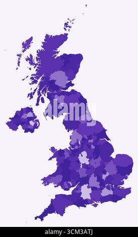 Mappa del Regno Unito con le regioni. Una semplice mappa dei confini nazionali con divisioni regionali. Tavolozza di colori viola intenso. Illustrazione Vettoriale
