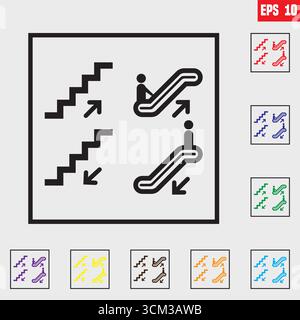 Set di icone delle scale. Pittogramma scale. Sali o scendi su gradini, scale, scala mobile, illustrazione vettore isolato. Illustrazione Vettoriale