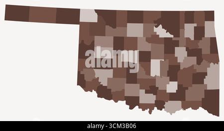 Mappa dell'Oklahoma con le contee. Solo una semplice mappa del confine di stato con la divisione della contea. Tavolozza dei colori marrone. Illustrazione Vettoriale
