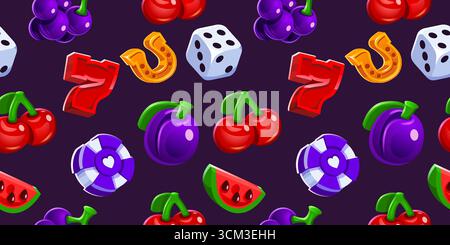 Imposta le icone delle slot del casinò cartoni animati sullo sfondo senza interruzioni. Elementi della slot machine. Sfondo per il gioco d'azzardo. Illustrazione vettoriale Illustrazione Vettoriale