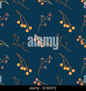 Motivo senza cuciture con rami e bacche di rowan autunnali, vettore piatto su sfondo blu scuro. Texture con elementi botanici per un design stagionale, decorazioni naturali, marchio ecologico. Sfondo ripetuto per carta da parati, tessuto, carta da imballaggio. Illustrazione vettoriale. Illustrazione Vettoriale