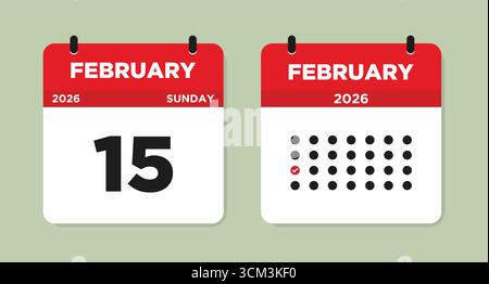 15 febbraio 2026 illustrazione vettoriale della pagina del calendario domenicale. Pagina del calendario del 15 febbraio. Calendario dei giorni della lista di controllo. Modello pianificatore mensile Flat Design. Illustrazione Vettoriale
