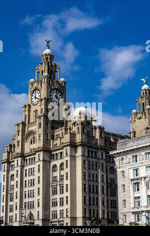 Un alto e ornato edificio in pietra con imponenti facce dell'orologio, sormontato da una statua contro un cielo blu luminoso con nuvole sparse a Liverpool, Regno Unito. Foto Stock
