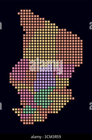 Cartina punteggiata in Ciad. Mappa digitale del paese su sfondo scuro. Forma cialda con punti quadrati. Stile puntini colorati. Quadrati di grandi dimensioni. Illustrazione Vettoriale