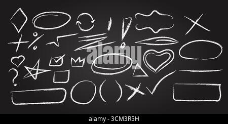 Lavagna con forme e simboli disegnati a mano per l'istruzione e gli elementi di design su sfondo scuro Illustrazione Vettoriale