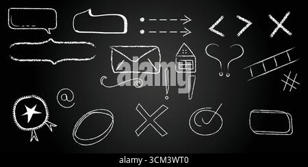 Una raccolta di simboli e forme disegnati su una lavagna. I simboli includono un cuore, una casa, una telecamera, un punto interrogativo e una freccia. La scena è gioco Illustrazione Vettoriale