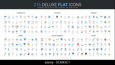 Collezione completa di icone piatte che comprende lavori domestici, utensili da cucina, giardinaggio, hobby, intrattenimento, e sport in una moderna illustrazione vettoriale isolata Illustrazione Vettoriale