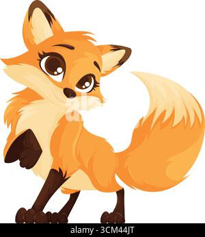 Un'illustrazione in stile animatore mostra una volpe cartoni animati con occhi luminosi ed espressivi e una coda soffice arancione e marrone sono i colori predominanti. Illustrazione Vettoriale