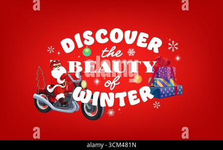 Preventivo di Natale o biglietto d'auguri, scopri la bellezza dell'inverno con Babbo Natale in bicicletta, vettore di cartoni animati. Citazione delle vacanze invernali di Natale e Capodanno con Babbo Natale, regalo e fiocchi di neve Illustrazione Vettoriale