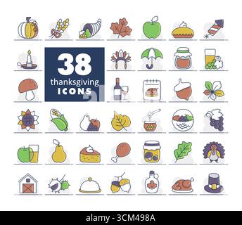 Una collezione completa di 38 icone d'arte di linea per il Ringraziamento e le vacanze autunnali. Il set include una varietà di simboli tradizionali, perfetti per W Illustrazione Vettoriale