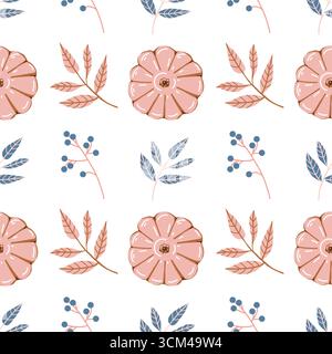 Motivo vettoriale senza cuciture con zucca, fogliame e frutti di bosco in delicate tonalità rosa e blu su sfondo bianco. Sfondo per tessuti e decorazioni per bambini per l'autunno. Tonalità pastello. Illustrazione vettoriale. Illustrazione Vettoriale
