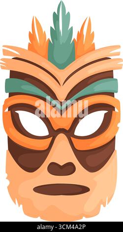 Maschera stilizzata con design piatto, con colori arancione, marrone e verde. Ha un aspetto tribale astratto con elementi simili a una piuma sulla parte superiore. Illustrazione Vettoriale