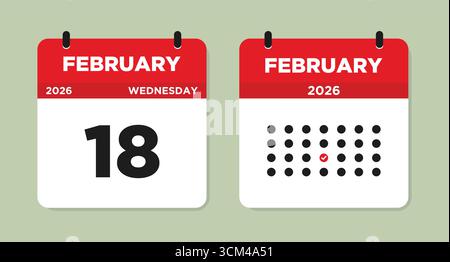 Pagina del calendario del 18 febbraio. 18 febbraio 2026 illustrazione vettoriale pagina calendario mercoledì. Modello pianificatore mensile Flat Design. La settimana inizia domenica. Illustrazione Vettoriale