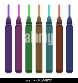 Set di pennarelli colorati con tratti di inchiostro. Ideale per materiali scolastici, illustrazioni di forniture per ufficio, progetti di design, temi legati all'arte. Illustrazione Vettoriale