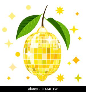 Illustrazione vettoriale alla moda del limone con texture da disco a specchio. Arte tropicale di agrumi isolata su sfondo bianco. Design per feste, estate Illustrazione Vettoriale