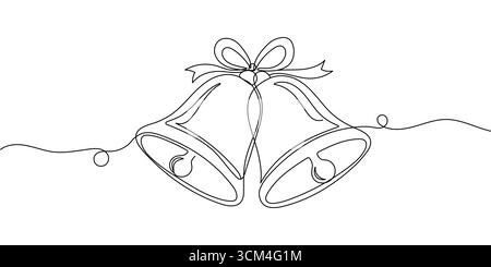 Un disegno continuo di campane natalizie. Decorazioni natalizie con petto e fiocco in semplice stile lineare. Tratto modificabile con logo Elegance. Illustrazione Vettoriale