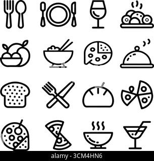 Icone minimaliste per la cena in stile bianco e nero disegnato a mano con cibi e bevande Illustrazione Vettoriale