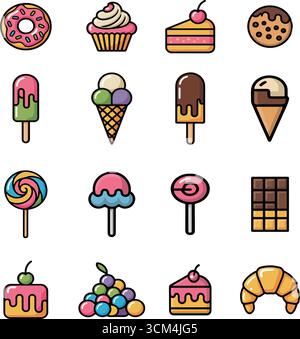 Icona delle prelibatezze in stile piatto con dolci dessert, gelati, caramelle e prodotti da forno Illustrazione Vettoriale