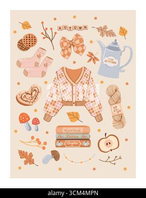 Tessera vacanza con accoglienti attributi autunnali. Modello autunnale. Maglione, calze, libri, abiti autunnali, foglie, funghi, pasticcini. Arredamento casalingo autunnale. Illustrazione vettoriale in tonalità beige e marrone calde. Illustrazione Vettoriale