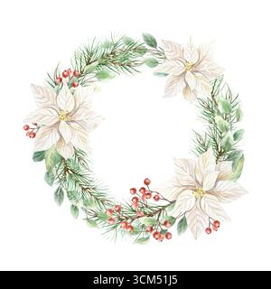 Corona di Natale con fiori di punta bianchi, rami di abete verde, eucalipto e un rametto di bacche rosse. Avvento delle vacanze con acquerello disegnato a mano Foto Stock