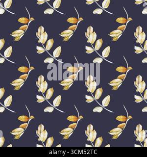 Motivo acquerello senza cuciture con foglie autunnali su sfondo grigio. Illustrazione botanica di foglie di rosehip gialle essiccate. Sfondo senza interruzioni per Foto Stock