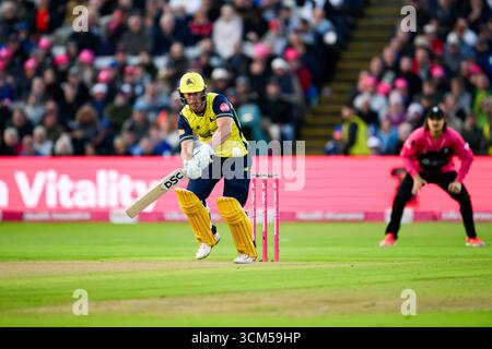 WARWICKSHIRE, REGNO UNITO. 13 settembre: Chris Lynn degli Hampshire Hawks in azione durante Hampshire Hawks vs Somerset - Vitality Blast Final all'Edgbaston Cricket Ground sabato 13 settembre 2025 a WARWICKSHIRE, REGNO UNITO. Crediti: Taka Wu/Alamy Live News Foto Stock