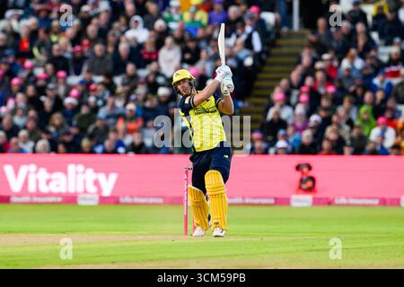 WARWICKSHIRE, REGNO UNITO. 13 settembre: Chris Lynn degli Hampshire Hawks in azione durante Hampshire Hawks vs Somerset - Vitality Blast Final all'Edgbaston Cricket Ground sabato 13 settembre 2025 a WARWICKSHIRE, REGNO UNITO. Crediti: Taka Wu/Alamy Live News Foto Stock