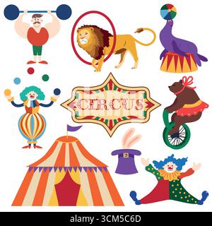 Set Circus chapito. Personaggi vettoriali di uomo forte, clown, giocoliere e mago. Elefante, leone, cavallo, zebra, foche e orso sul palco del circo Illustrazione Vettoriale
