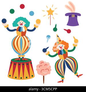 Set Circus chapito. Personaggi vettoriali di uomo forte, clown, giocoliere e mago sul palco del circo Illustrazione Vettoriale