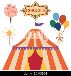 Set Circus chapito. Personaggi vettoriali di uomo forte, clown, giocoliere e mago sul palco del circo Illustrazione Vettoriale
